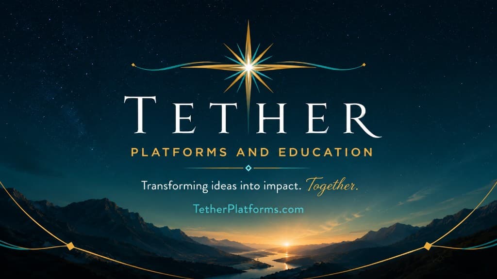 Tether brand artwork: a starlit mountain valley at first light with the Tether wordmark and the line Transforming ideas into impact. Together.
