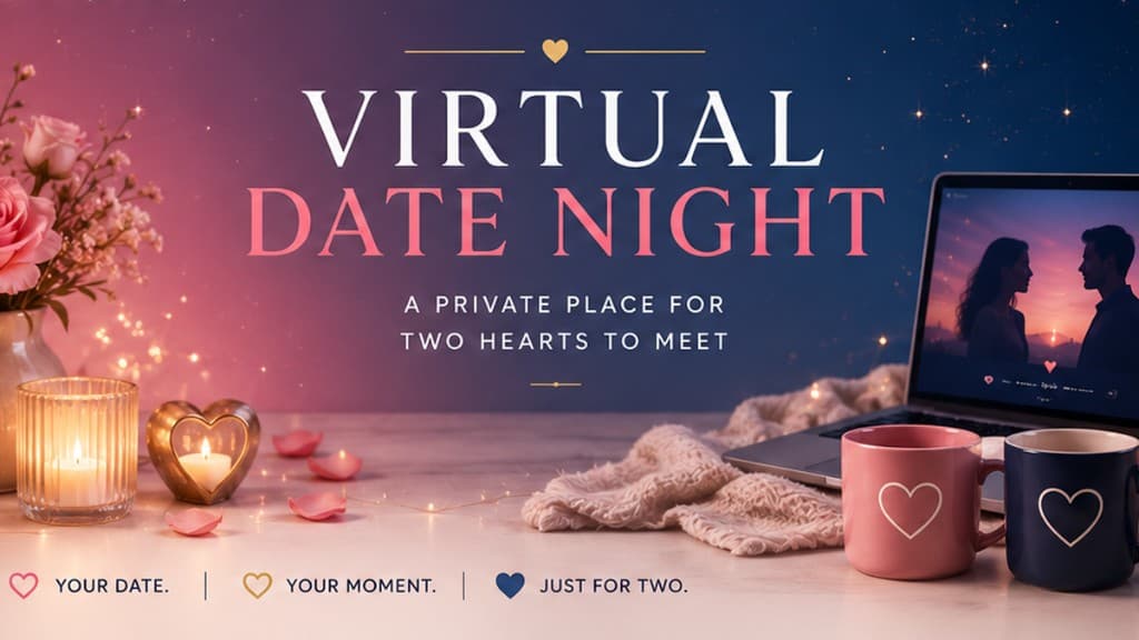 Virtual Date Night brand graphic: candles, coffee mugs, and a laptop on a table under the Virtual Date Night wordmark.